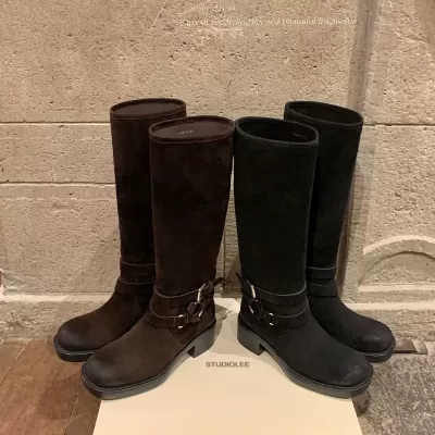 New 6cm Chunky Heel Long Leg Illusion Vintage Square Round Toe Buckle Strap Long Riding Boots for Women