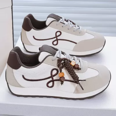 Women's Soft Leather German Training Shoes 2025 Fall Thick Sole Beaded Casual Sneakers