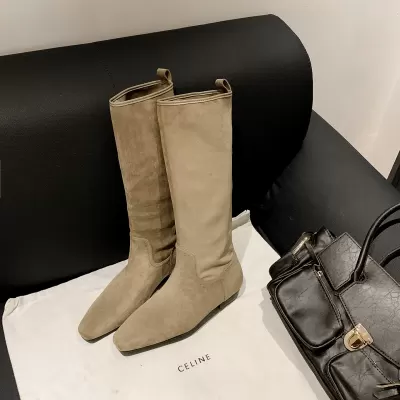 French Vintage Square Toe Hidden Heel Stacked Boots for Women, New Mid-Calf Riding Boots, Versatile