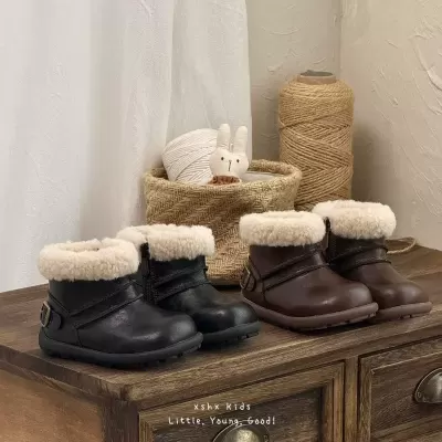 XSHX Bling Ton Boots for Kids, Winter Warm Waterproof Anti-Fouling British Retro Side Zipper Non-Slip Rubber