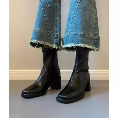 High Heel Short Boots for Women, New Square Toe Martin Boots, Petite French Chunky Heel Slim Fit Boots