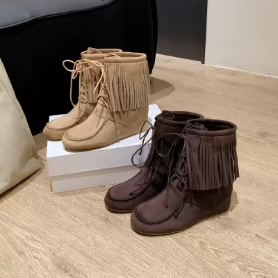 Vintage Fashion Boots for Women, New Winter Brown Maillard Style Boots with Tassel Casual Boots