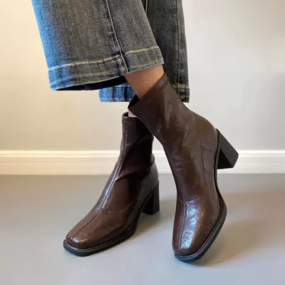 French Vintage Square Toe High Heel Short Boots for Women, New Petite Martin Boots Chunky Heel Slim Fit Thick Sole