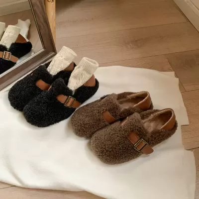 New Teddy Fur Shoes, Wearable Heel Warm Color Block Thick Sole Metal Buckle Strap Fur Moccasins for Women · YANYAN China shoe factory