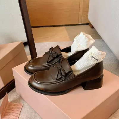 New Autumn Miu Style 5cm Heel Flap Bow Loafer Shoes for Women, Chunky Heel Thick Sole