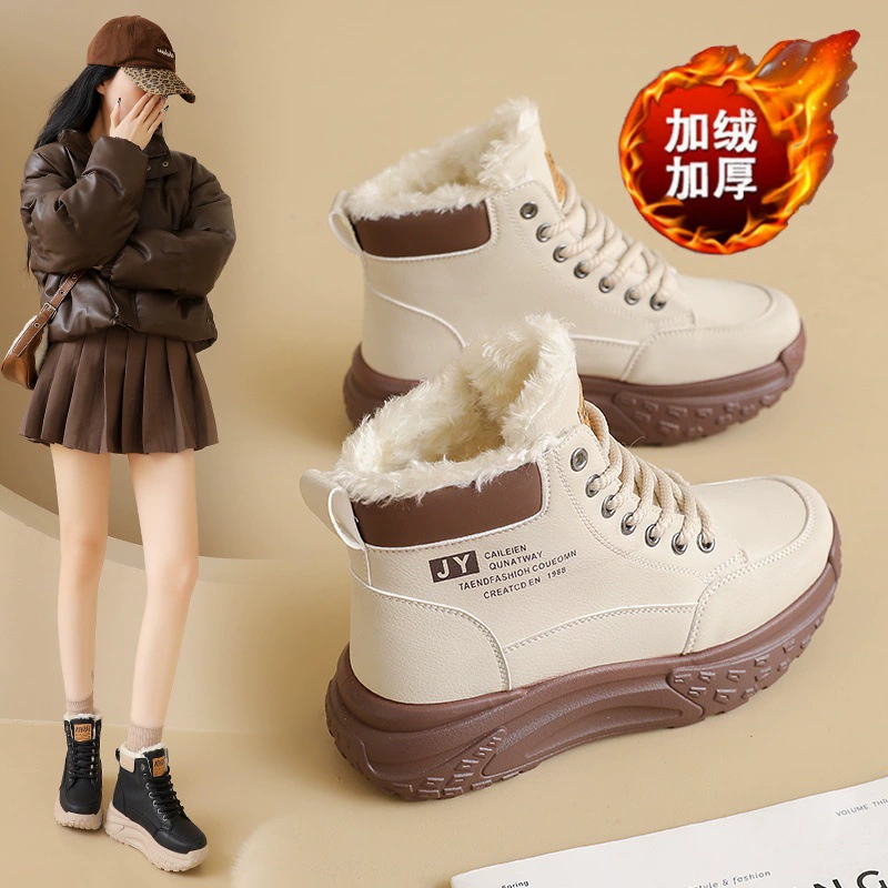 冬季女鞋新款加绒高帮雪地靴女韩版百搭厚底增高加厚保暖短靴棉鞋