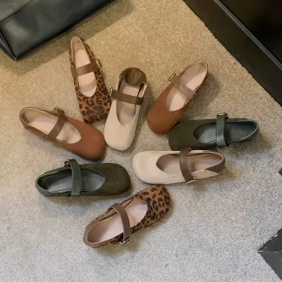 New Winter Wearable Heel Strap Leopard Print Hidden Heel Versatile Mary Jane Flats for Women