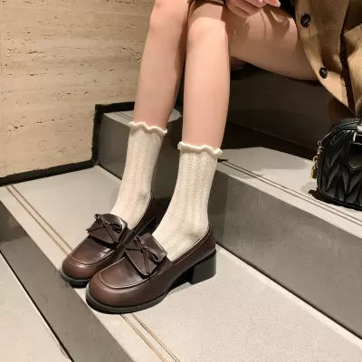New French Vintage 5cm Heel Flap Bow Loafer Shoes for Women, Chunky Heel Thick Sole