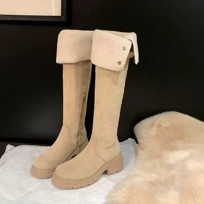 New 2-in-1 Over-the-Knee Riding Boots, Thick Sole Fur Lined Chunky Heel Long Boots, Snow Boots