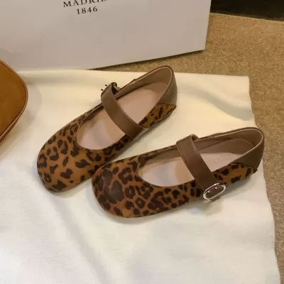 Vintage Leopard Print Mary Jane Shoes for Women, Autumn New French Shallow Flats Strap Flat Ballet Shoes