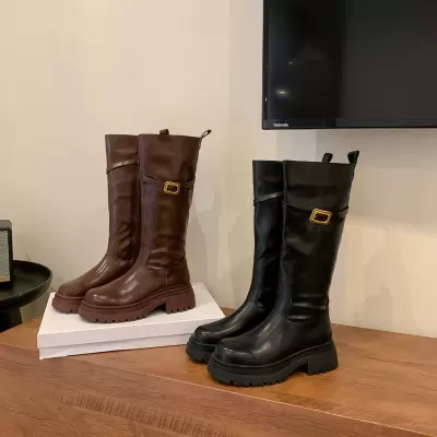 New Winter High Boots 5cm Heel Round Toe Chunky Heel Buckle Strap Side Zipper Long Riding Boots for Women