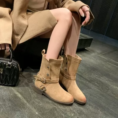 Autumn Winter Suede 3.5cm Heel Vintage Distressed Turn-Down Buckle Strap Chunky Western Mid-Calf Riding Boots for Women