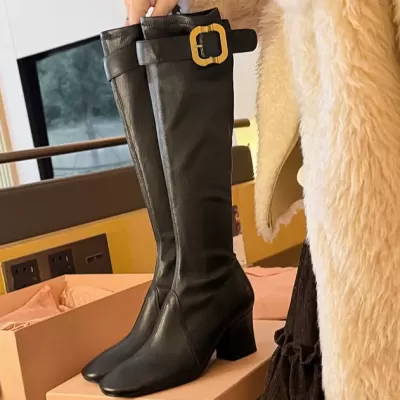 New Winter 7cm Chunky Heel Jang Wonyoung Style Gold Buckle Half Zip Chunky Long Riding Boots for Women
