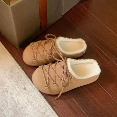 Winter Lace-Up Thick Sole Sheepskin Fur Slippers for Women, Warm Enclosed Toe Mules