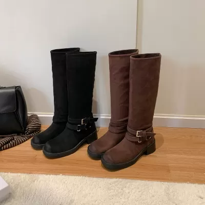 Korean New Winter Long Boots for Women, Wasteland Style Suede Riding Boots Chunky Heel Buckle Strap Round Toe Western Boots