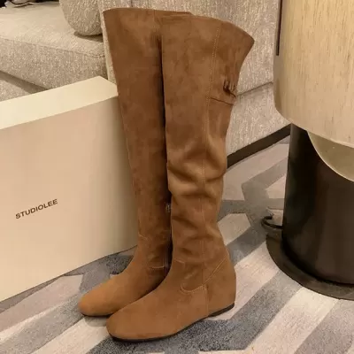 New Winter High Boots 3cm Hidden Heel Pointed Round Toe Buckle Strap Maillard Style Stacked Over-the-Knee Boots for Women