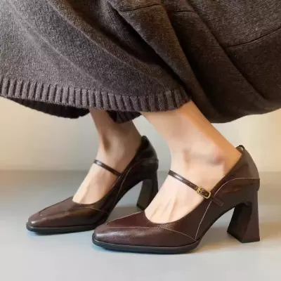 Vintage Shallow Flats for Women, French High Heel Mary Jane Shoes Strap Square Toe Chunky Heel Flats