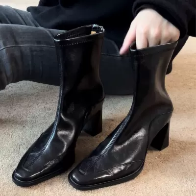 Autumn Winter Korean Chunky Heel Square Toe Short Boots, Vintage Elastic Slim Fit Boots for Women, Back Zipper High Heel Martin Boots