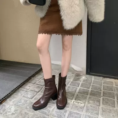 Korean Chunky Heel Slim Fit Boots, Leg Slimming 7cm Round Toe Back Zipper Elastic Slim Boots for Women, Versatile Chunky High Heel