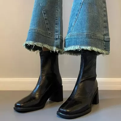 Genuine Leather High Heel Short Boots for Women, Square Toe Martin Boots, Petite French Chunky Heel Slim Fit Boots