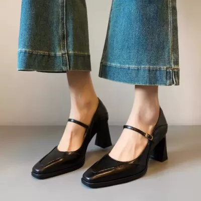 Spring New French Chunky Heel Mary Jane Shoes for Women, Comfortable High Heel Strap Vintage Black Flats