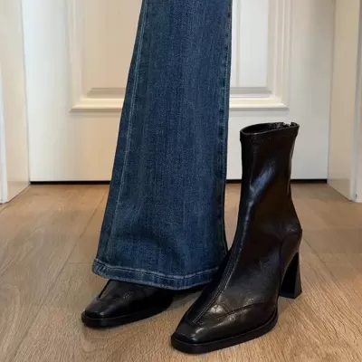 Korean High Heel Square Toe Slim Fit Short Boots for Women, Chunky Heel Vintage Martin Boots, British Style Short Boots