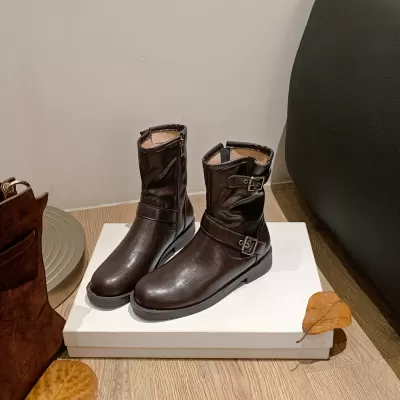 New Autumn Winter Side Zipper Flat Ankle Boots for Women, Thick Sole, Martin Boots, Western Style